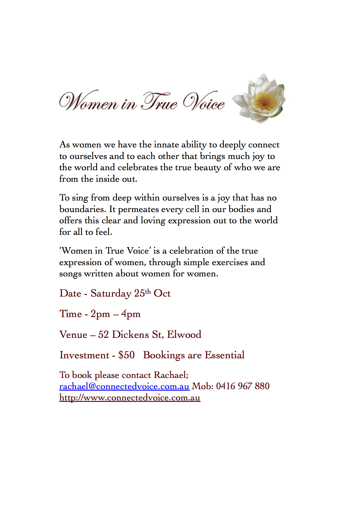 VICTORIA - Women In True Voice Workshop